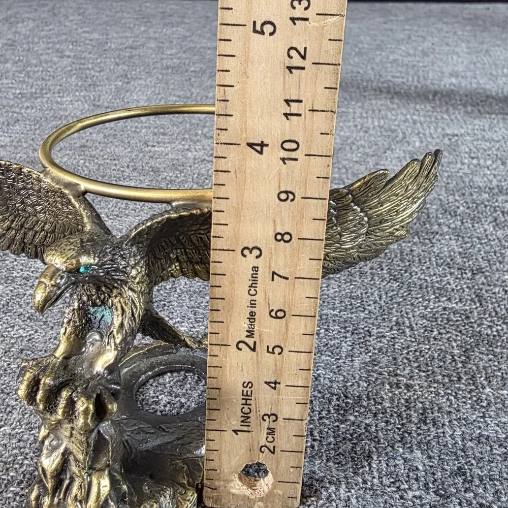 Vintage Brass Eagle Candle Holder Sphere Stand Green Gem Eyes Wingspan Figurine